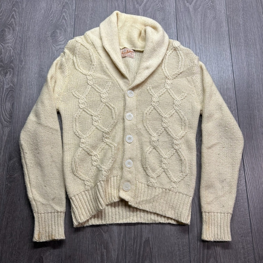 Vintage Landlubber 1960s Shawl Collar Cable M Knit Wool Cardigan Sweater Cream